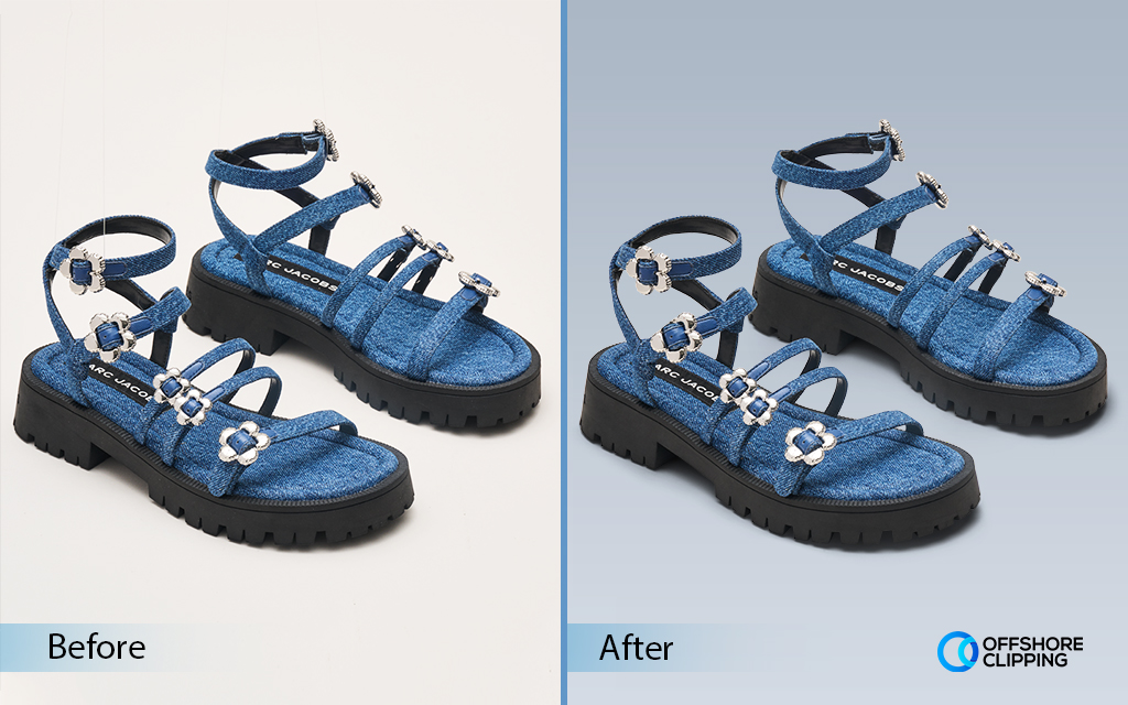 Shadow creation applied on a sandal, before and after