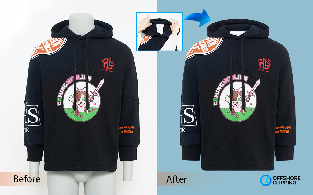 Before and after ghost mannequin effect applied on a hoodie