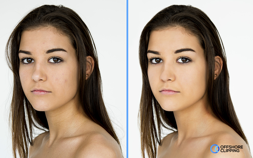 Beauty retouching applied, model's photo, before and after