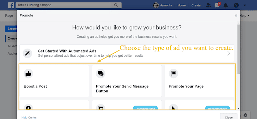 Choose the type of ad you want to create to increase your sell