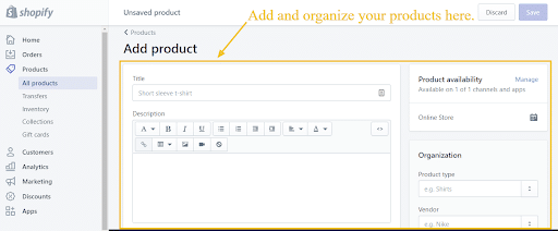 Shopify’s interface to add product